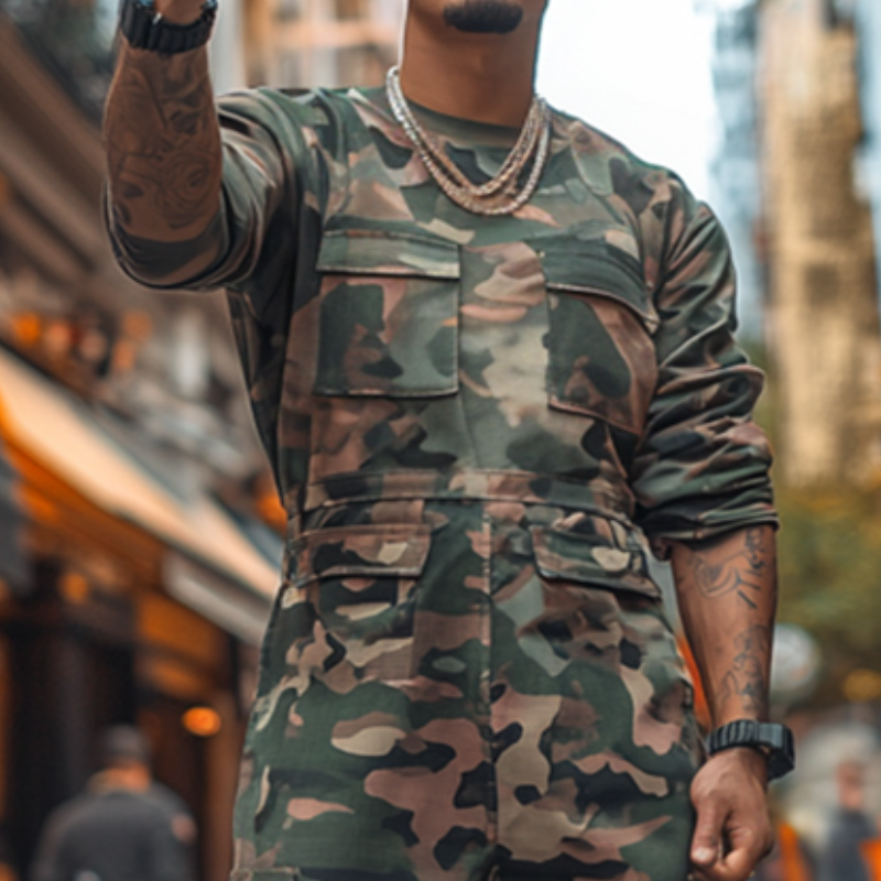 Men's Retro Casual Camouflage Print Multi-Pocket Outdoor Jumpsuit 9901325484216