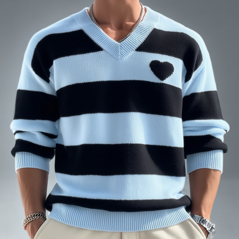 Men's Casual V-neck Contrast Striped Loose Knitted Long-sleeved Sweater DTT25080403
