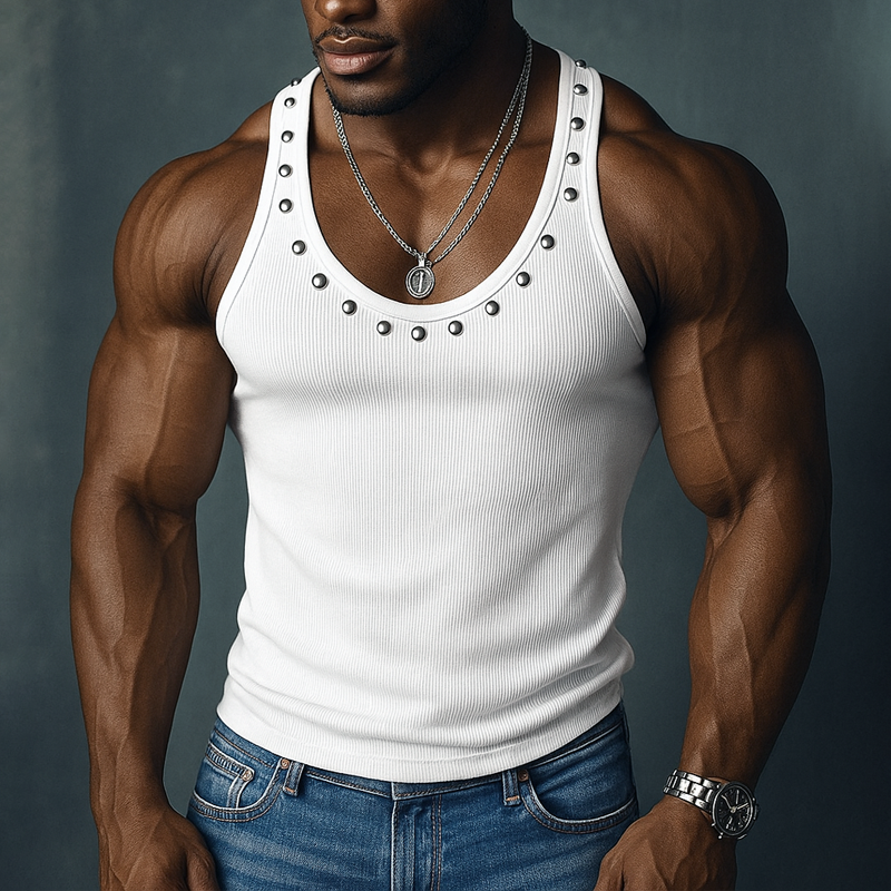 Men's Rivet Solid Striped U Neck Sleeveless Tank Top DTT25072211