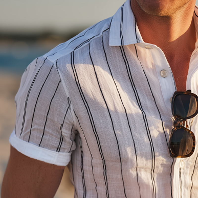 Men's Casual Vertical Striped Cotton Short Sleeve Shirt DTT25071415