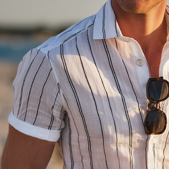 Men's Casual Vertical Striped Cotton Short Sleeve Shirt DTT25071415
