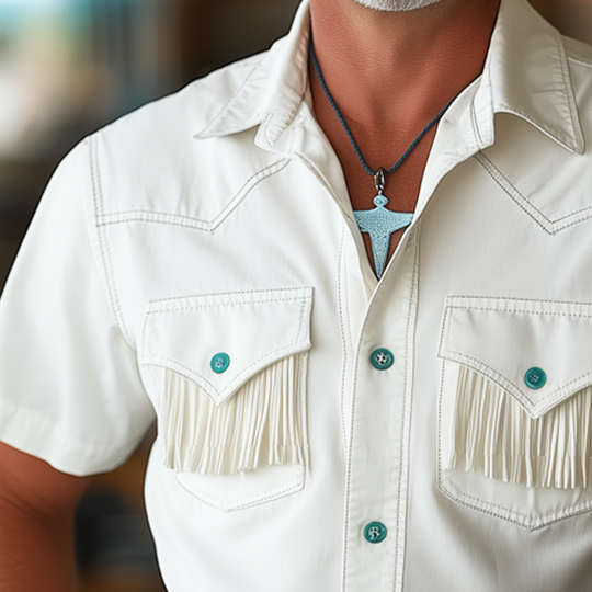 Men's Summer Western Cowboy Style Tassel Short Sleeve Shirt DTT25061807