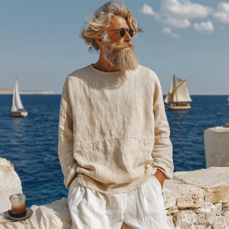 Men's Casual Breathable Cotton Linen Round Neck Loose Long-sleeved T-shirt DTT25070216