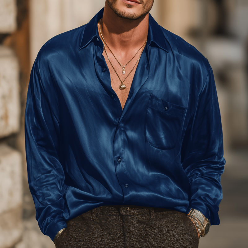 Men's Vintage Elegant Solid Color Satin Lapel Patch Pocket Loose Long Sleeve Shirt DTT25072421