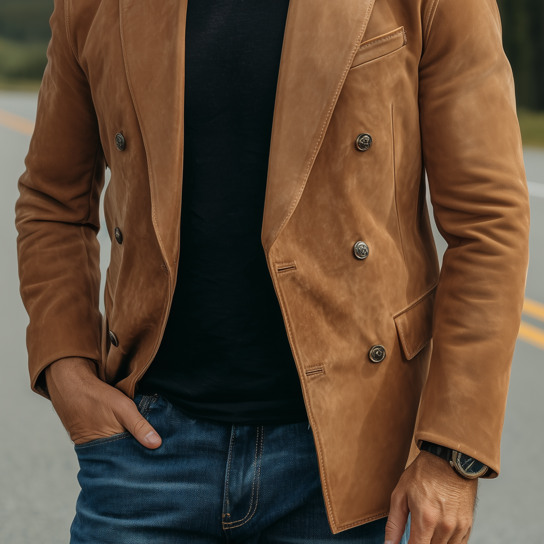 Men's Classic Retro Solid Color Suede Double-breasted Slim-fit Blazer DTT25080719