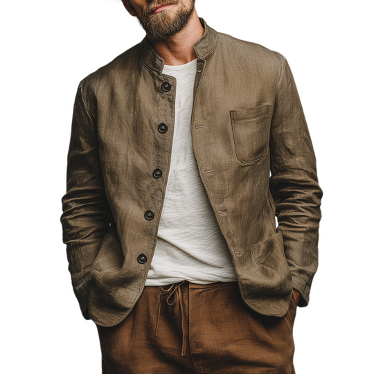 Men's Classic Casual Stand-up Collar Cotton And Linen Multi-pocket Thin Jacket DTT25073015