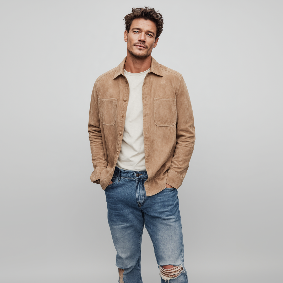 Men's Classic Casual Thin Suede Solid Color Multi-Pocket Long Sleeve Shirt DTT25072110