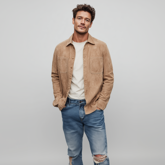 Men's Classic Casual Thin Suede Solid Color Multi-Pocket Long Sleeve Shirt DTT25072110