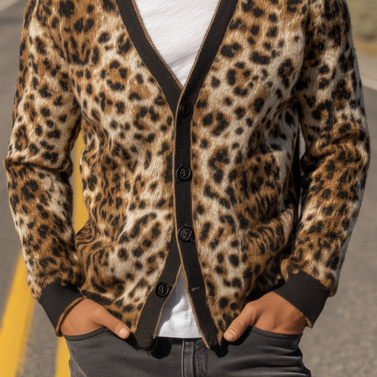 Men's Classic Vintage Leopard Mohair Knitted Slim Fit Cardigan DTT25081416
