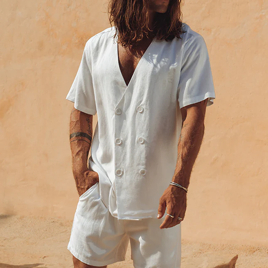 Men's Spring And Summer Fashion Casual Chiffon V-neck Double-breasted Short-sleeved Shirt DTT25071104