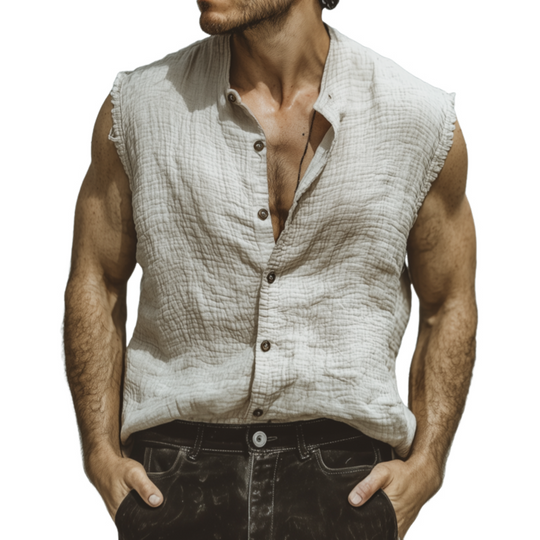Men's Casual Solid Color Breathable Pleated Cotton Stand Collar Loose Raw Edge Sleeveless Shirt DTT25062619