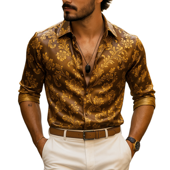 Men's Vintage Print Lapel Long Sleeve Shirt DTT25070817