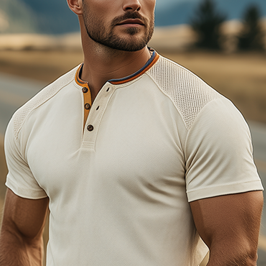 Men's Spring And Summer Fashion Casual Henley Collar Suede Shoulder Splicing Mesh Fabric Slim Fit Short Sleeve T-shirt DTT25062516