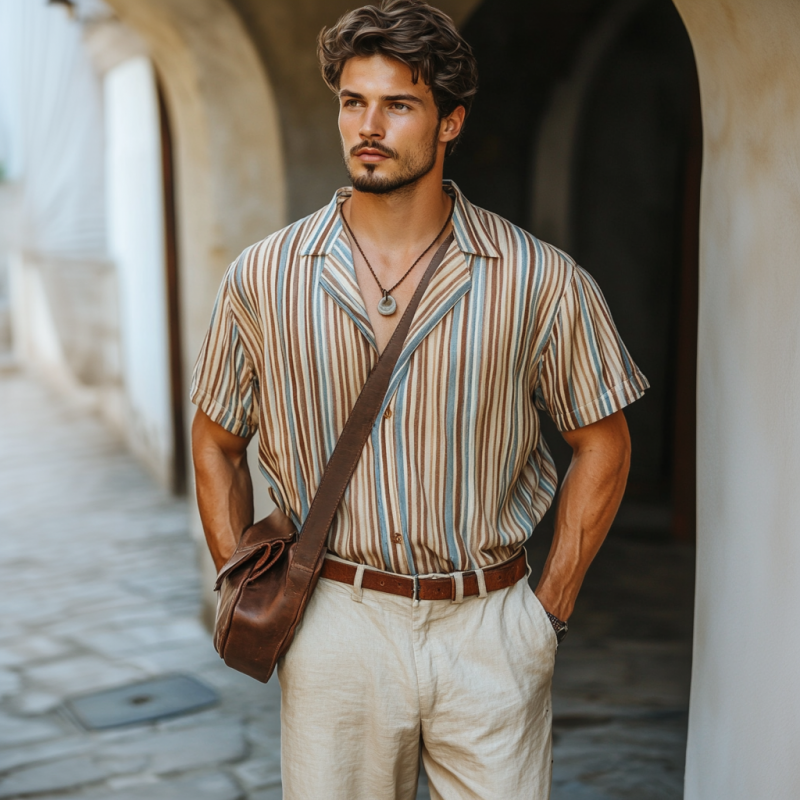 Men's Casual Colorful Striped Digital Print Cuban Collar Loose Short Sleeve Shirt DTT25060302