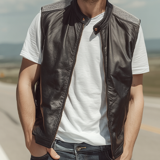 Men's Spring And Summer Fashion Casual Shoulder Splicing Mesh Fabric Stand Collar Zipper Leather Vest DTT25071115