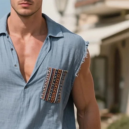 Men's Cotton And Linen Embroidered Chest Pocket Polo Collar Raw Edge Sleeveless Shirt DTT25071517