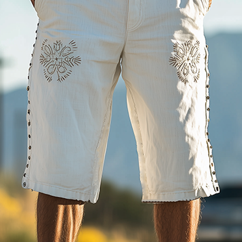 Men's Spring And Summer Casual Western Cowboy Style Cotton And Linen Embroidery Side Decorative Rivets Loose Length To Knee Shorts DTT25060613