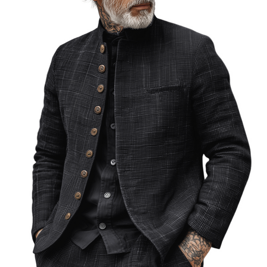 Men's Woven Textured Plaid Stand Collar Single-Breasted Jacket DTT25082902