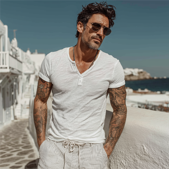 Men's Solid Color Knitted Striped Textured Henley Collar Short-Sleeved T-Shirt DTT25063008
