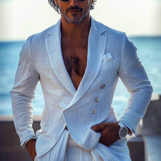 Men's Solid Color Thin Double-Breasted Cotton And Linen Blazer DTT25063001