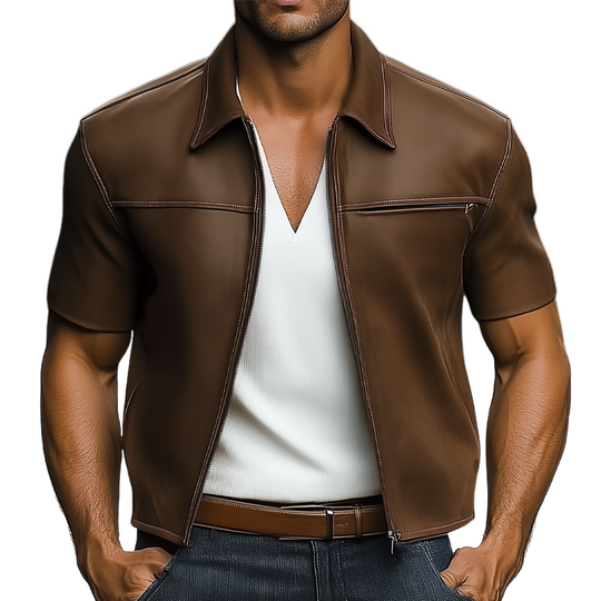 Men's Summer Light Leather Zip-Up Short Sleeve Shirt DTT25061712