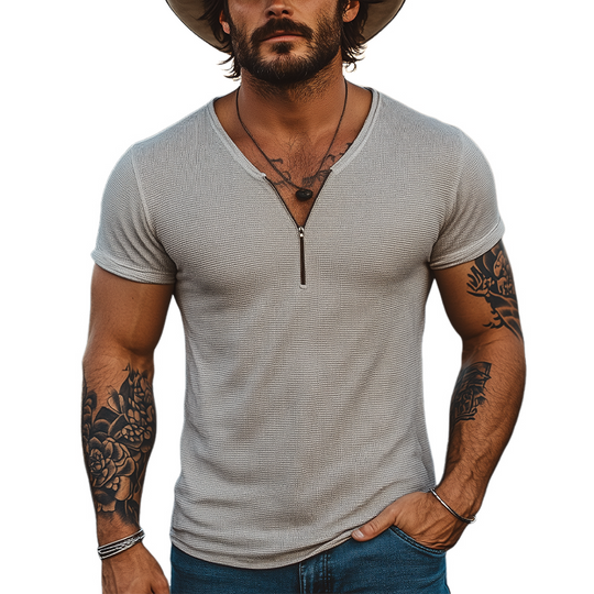 Men's Casual Classic American Western Tough Guy Style Knitted Waffle V-neck Zipper Slim Short-sleeved T-shirt DTT25053015