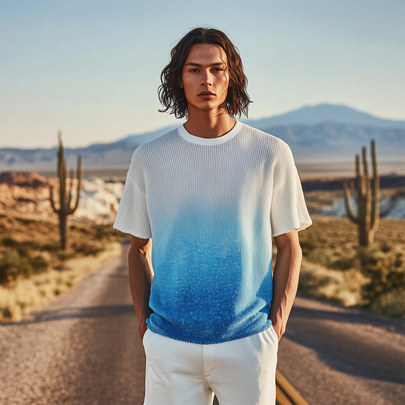 Men's Spring And Summer Fashion Casual Knitted Gradient Hanging Dye Round Neck Short-sleeved T-shirt DTT25070120