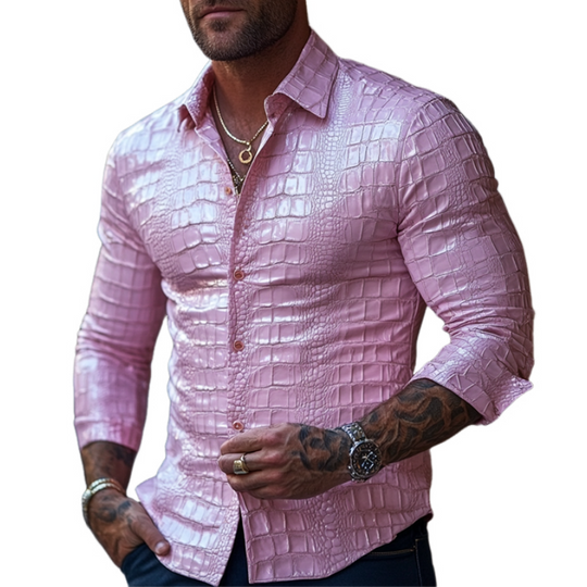 Men's Fashion Slim Fit Solid Color Textured Leather Long Sleeve Shirt 9899713888440