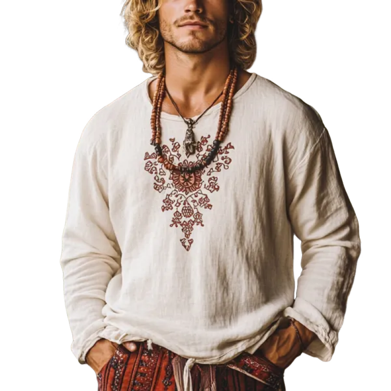 Men's Vintage Embroidery Cotton and Linen Round Neck Long Sleeve Shirt 9899721326776
