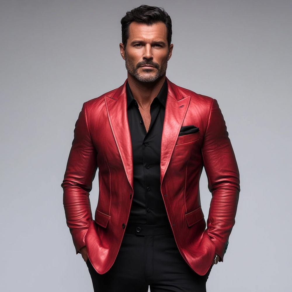 Men's PU Leather Two Button Peaked Lapel Long Sleeve Solid Blazer 9899608408248
