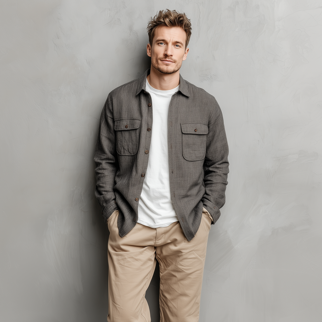 Men's Classic Casual Cotton And Linen Blended Color Textured Pocket Long Sleeve Shirt DTT25080113