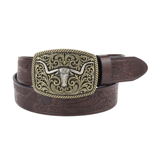 Men's Vintage Engraved Western Cowboy Leather Belt 9893976735928