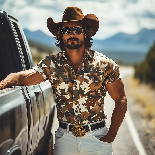 Men's Fashion Casual Western Tough Style Lapel Thin Suede Camouflage Print Slim Short-sleeved Shirt DTT25061305