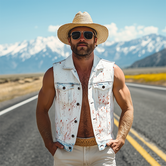Men's Fashion Casual Washed Denim Personalized Ink Splash V-Neck Lapel Vest DTT25062612
