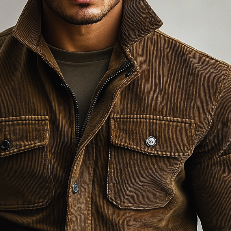 Men's Vintage Solid Color Stand Collar Corduroy Multi-Pocket Jacket DTT25082918