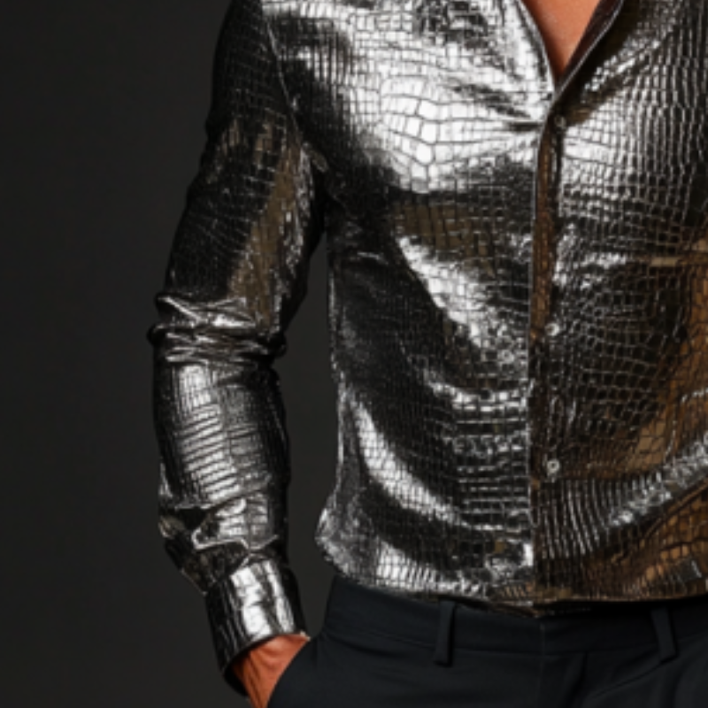 Men's Fashion Casual Slim Fit Textured Leather Long Sleeve Shirt 9899714085048