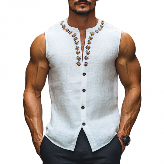 Men's Casual Daisy Embroidery Breathable Linen Round Neck Slim Fit Sleeveless Shirt DTT25060911