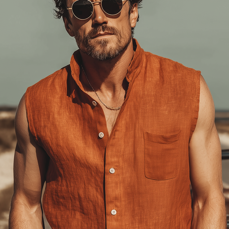 Men's Classic Casual Tencel Cotton Linen Stand Collar Sleeveless Shirt DTT25070404