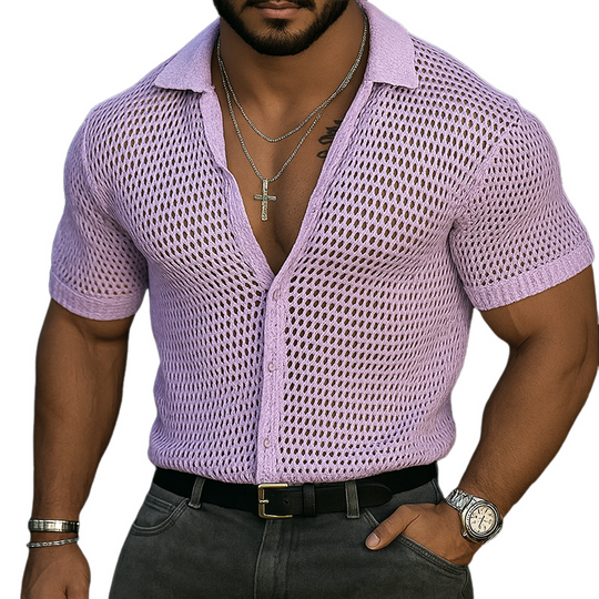 Men's Solid Hollow Knit Lapel Short Sleeve Shirt DTT25062314