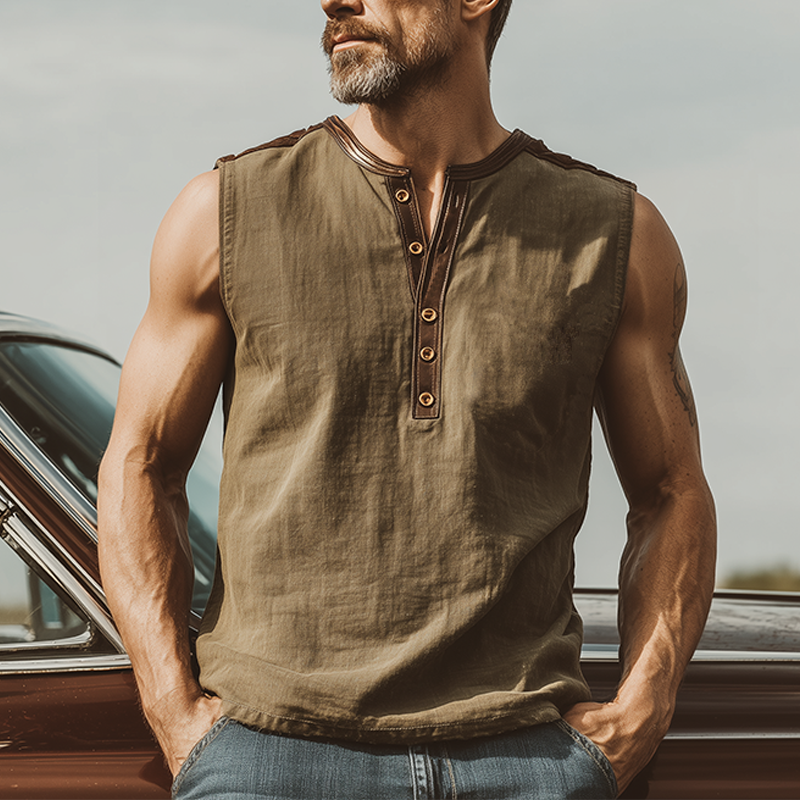 Men's Classic Casual Linen Stitching PU Leather Henley Collar Tank Top DTT25070402