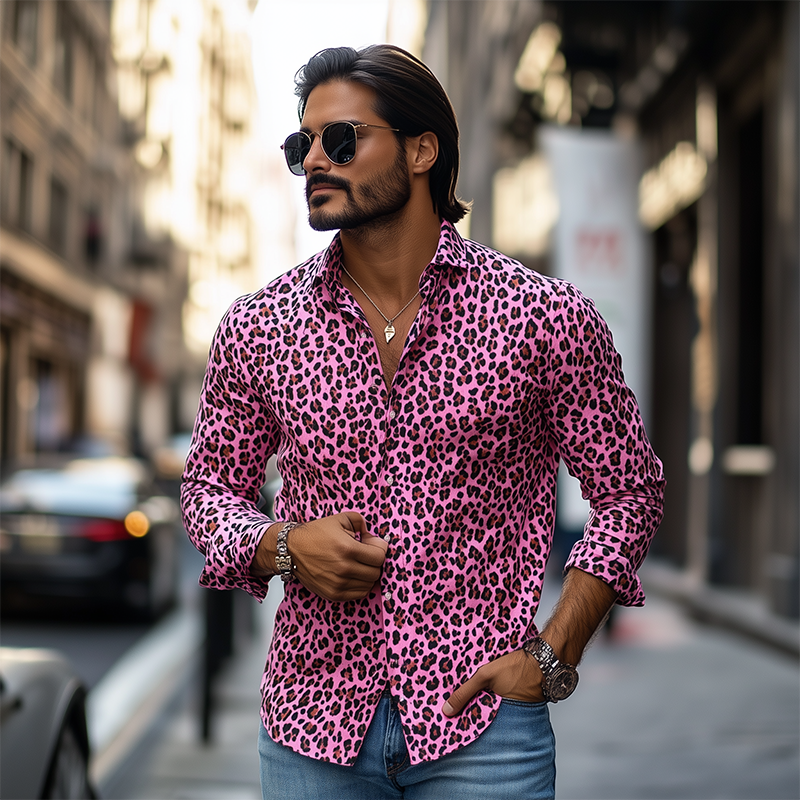 Men's Fashion Casual Leopard Print Slim Fit Long Sleeve Shirt 9911545430200