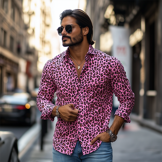 Men's Fashion Casual Leopard Print Slim Fit Long Sleeve Shirt 9911545430200
