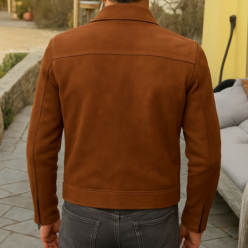 Men's Casual Retro Style Solid Color Suede Zipper Lapel Jacket DTT25081319