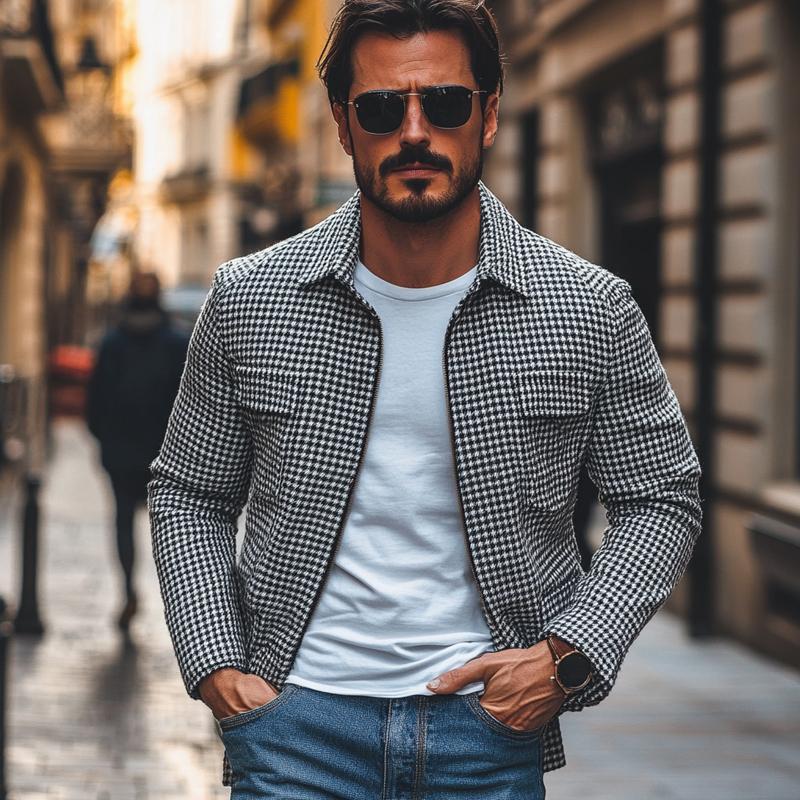 Men's Casual Houndstooth Lapel Multi-Pocket Zipper Slim Fit Jacket Dtt25081915