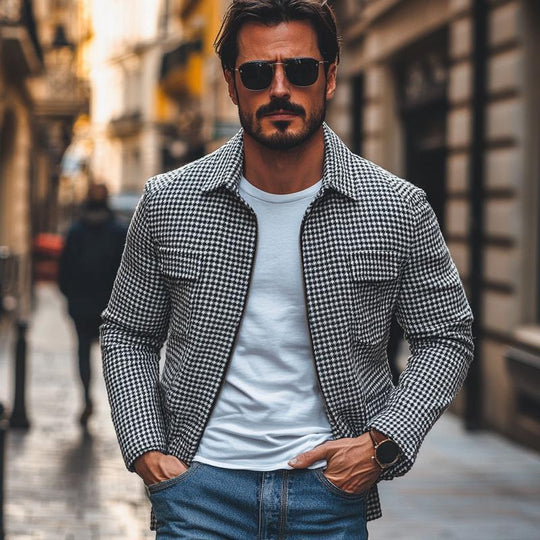 Men's Casual Houndstooth Lapel Multi-Pocket Zipper Slim Fit Jacket Dtt25081915