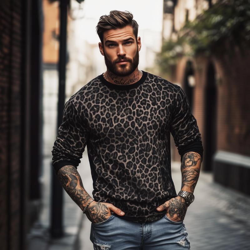 Men's Retro Casual Leopard Print Round Neck Colorblock Long Sleeve T-Shirt 9261124714680