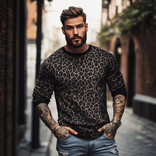 Men's Retro Casual Leopard Print Round Neck Colorblock Long Sleeve T-Shirt 9261124714680