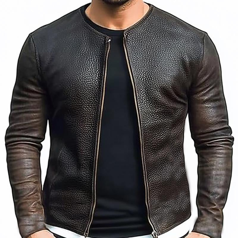Men's Grainy Zippered Leather Jacket 9877925757112