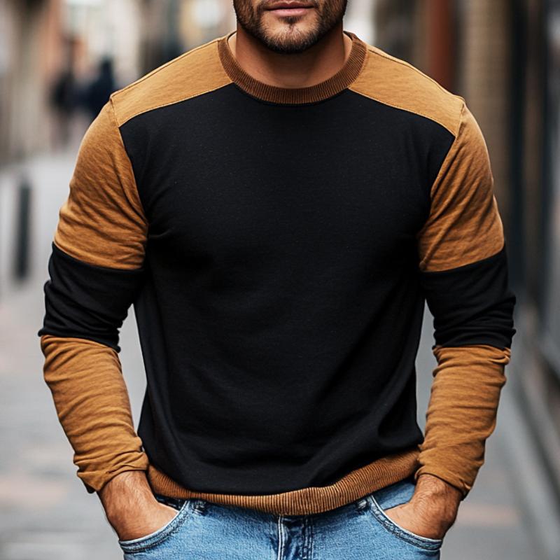 Men's Retro Casual Colorblock Crew Neck Long Sleeve T-Shirt 9261141786808
