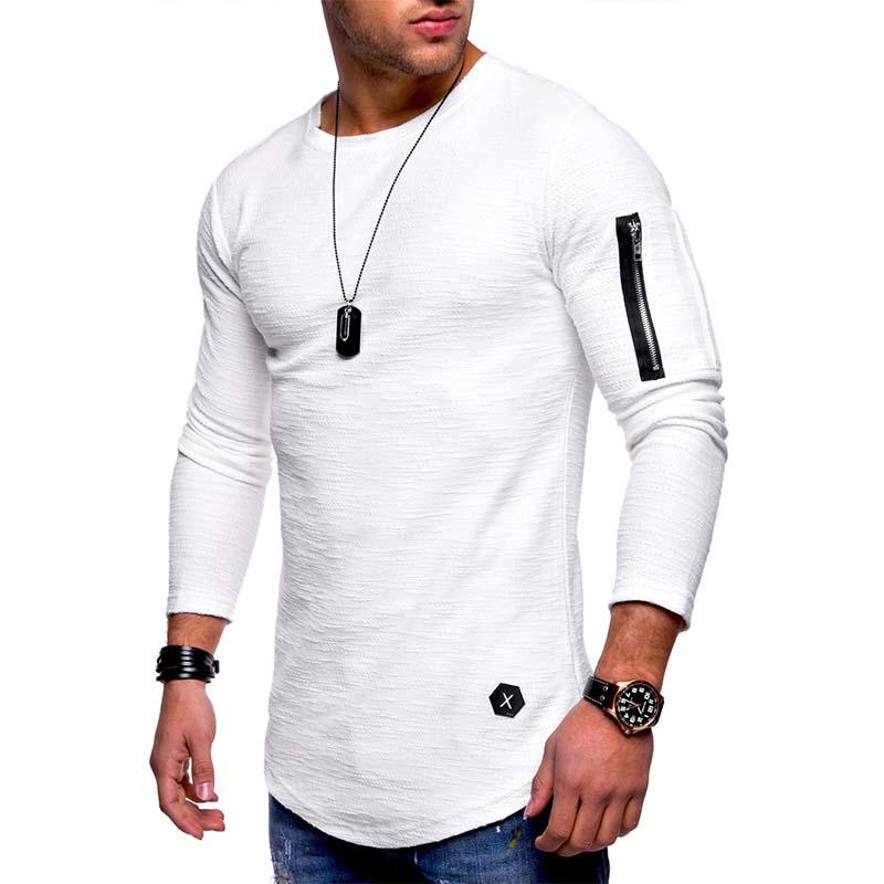 Men's Classic Casual Arm Zipper Solid Color Round Neck Long Sleeve T-Shirt 9261141885112